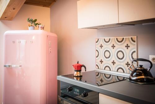 a kitchen with a refrigerator and a counter top at Loft 29 mansardato con ampio terrazzo in Bussoleno
