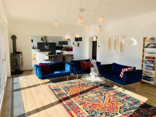 una sala de estar con 2 sofás azules y una alfombra en Apartment Am Kupferhammer en Pforzheim