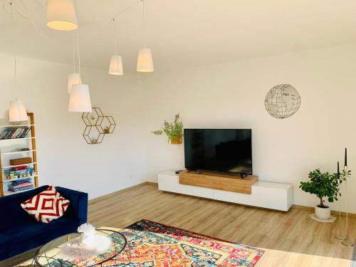 uma sala de estar com uma televisão de ecrã plano na parede em Apartment Am Kupferhammer em Pforzheim