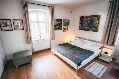 a bedroom with a bed and a window at Aparthotel & Wellness Knížecí cesta in Horní Planá