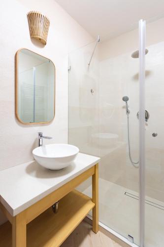 a bathroom with a sink and a shower at Lujza & Koriander in Vác