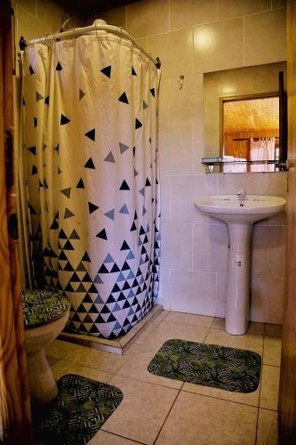 a bathroom with a sink and a shower and a toilet at FRIDA in Puerto Iguazú