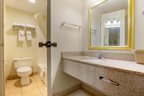 a bathroom with a sink and a toilet and a mirror at LikeHome Extended Stay Hotel Warner Robins in Warner Robins