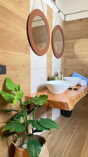 a bathroom with two sinks and a plant and mirrors at Suite room in Aversa