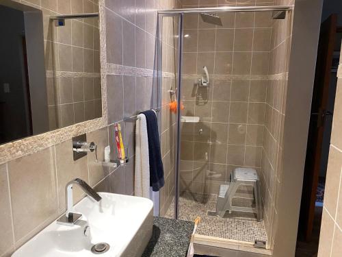 ein Bad mit einem Waschbecken und einer Dusche mit einer Dusche in der Unterkunft Perhethian in Kapstadt