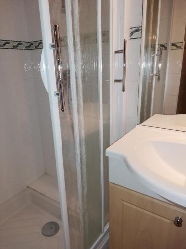 une douche avec une porte vitrée à côté d'un lavabo dans l'établissement Chalet Renouveau, à Saint-Martin-de-Belleville