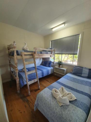 1 dormitorio con 2 literas y ventana en Park Beach Cabins, en Coffs Harbour