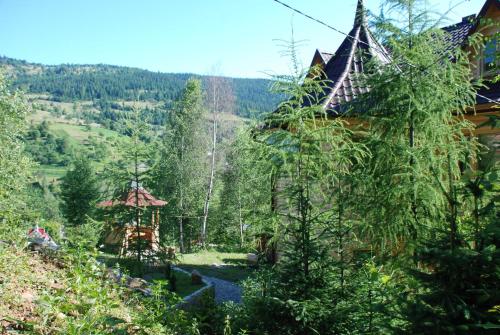 a resort in the woods with a river and trees at Kraevyd Hotel in Yaremche