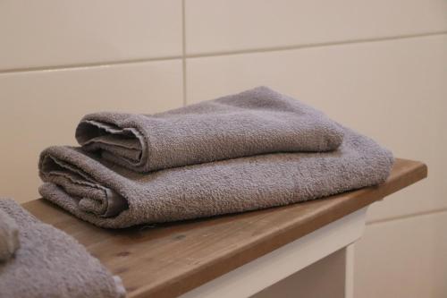 a pile of towels sitting on top of a counter at Ferienanlage Am Nahkegraben in Burg