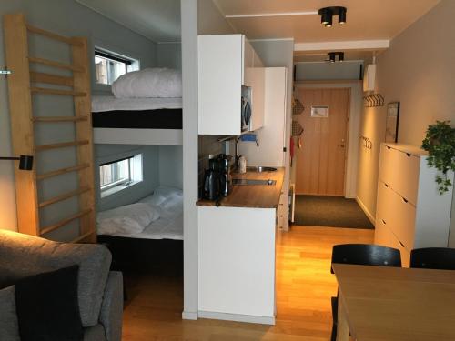 RiksgränsenにあるArctic Lodgeの二段ベッド1組、キッチンが備わる小さなアパートメントです。