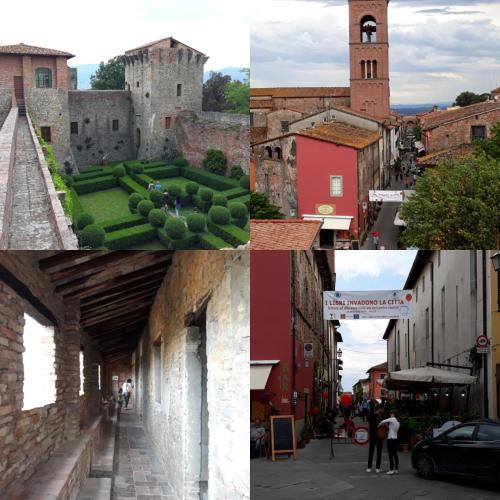 a collage of photos of a city with a clock tower at La Torre wine resort in Montecarlo