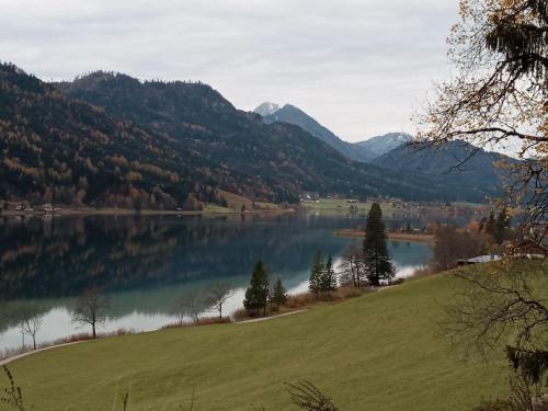 a view of a lake with mountains in the background at Haus Birke in Weissensee