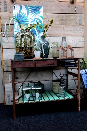 a wooden table with plants on top of it at Hotel Centraal in Someren