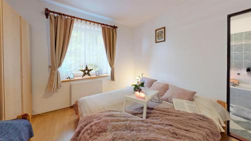 a bedroom with a bed and a window and a table at Pension U Sebastiana in Hodousice