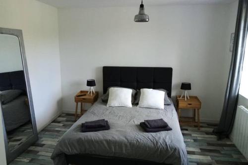 una camera da letto con un letto grande con due cuscini sopra di Maison de bourg avec beaucoup de charme a Nuillé-sur-Vicoin