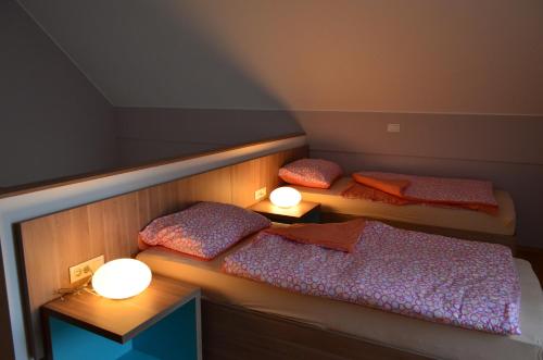 two twin beds in a room with two lights at Apartments Sofija in Bled