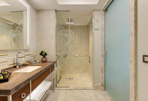 a bathroom with a shower and a sink at The Artisan Hotel Istanbul - MGallery Collection in Istanbul