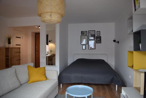 ein Wohnzimmer mit einem Bett und einem Sofa in der Unterkunft Sun apartments in Anykščiai