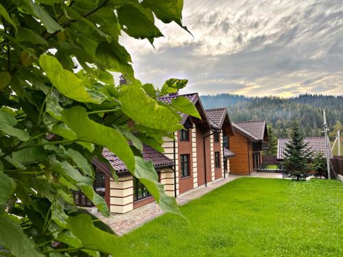 a house with a green lawn in front of it at Hostynnyy Dvir Apartament Hotel & SPA in Slavske