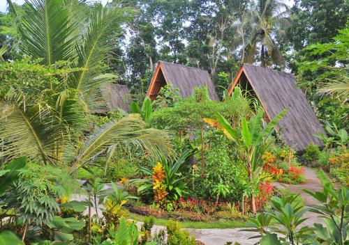 two houses in a garden with plants and trees at Lagoona Beach Bungalows - Eco Bungalows Batukaras in Batukaras