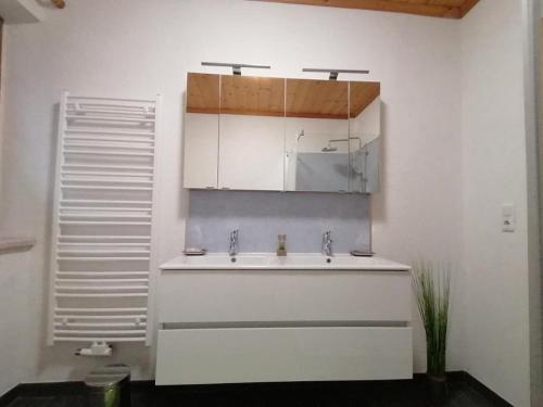 La salle de bains blanche est pourvue d'un lavabo et d'un miroir. dans l'établissement Ferienwohnung Stiegengraben, à Göstling an der Ybbs