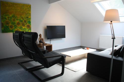 a living room with a chair and a tv at Le Refuge d'Engreux in Houffalize