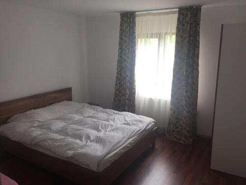 a bedroom with a bed and a window with curtains at Vila Chiojdu in Buzau