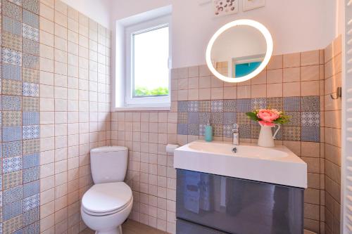 DomneştiにあるHappy Place - Casuta Albastraのトイレ、洗面台、鏡のあるバスルーム