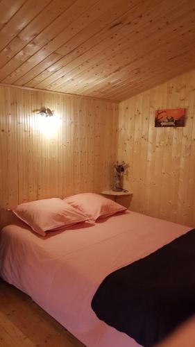 アノネーにあるChalet des Mésangesの木製の壁のベッドルーム1室(大型ベッド1台付)