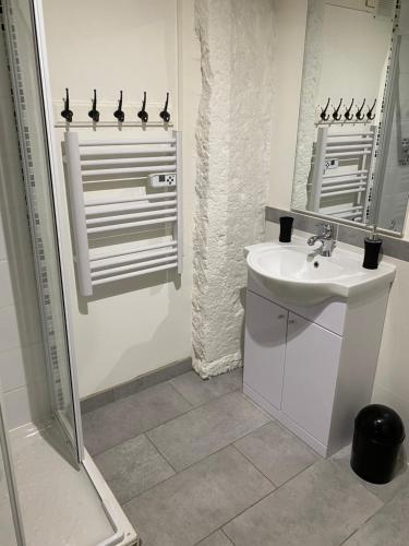 La salle de bains blanche est pourvue d'un lavabo et d'un miroir. dans l'établissement Appartement spacieux, chaleureux 39 m², à Lagnieu