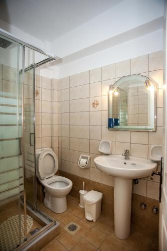 a bathroom with a toilet and a sink and a shower at Captain Georgio Apartments in Poros