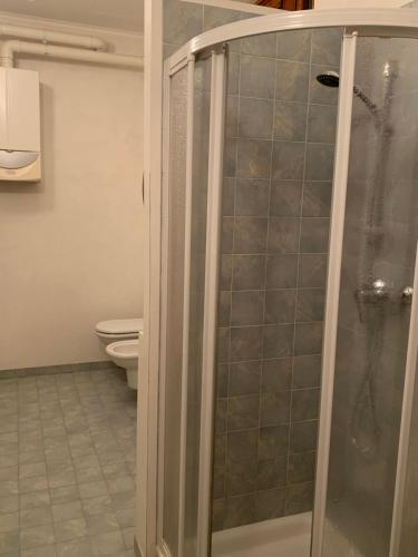 a bathroom with a shower and a toilet at Appartamento liberty con area giochi in Udine