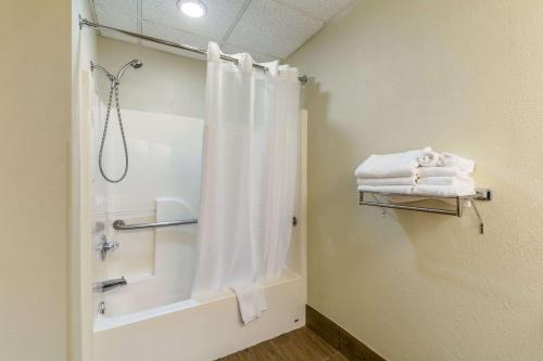 a bathroom with a shower with a shower curtain at Quality Inn & Suites Southport in Indianapolis