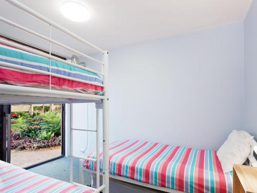 a bunk bed in a room with a window at Harbourside 4 ground floor on the waterfront in Soldiers Point