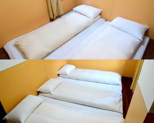 two pictures of two beds in a room at 上野之家Vip家庭房 in Tokyo