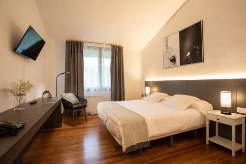 a hotel room with a bed and a desk and a television at Soraluze Hotela in Oñate