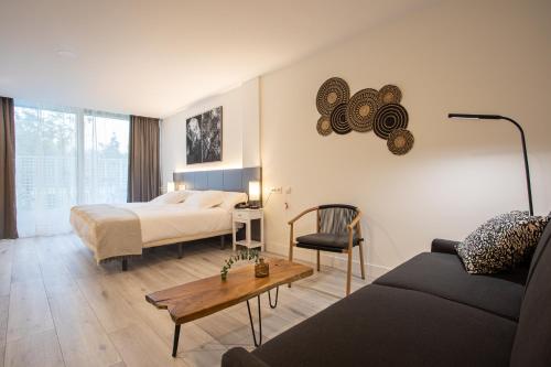 奧尼亞特的住宿－Soraluze Hotela，一间卧室配有一张床、一张沙发和一张桌子