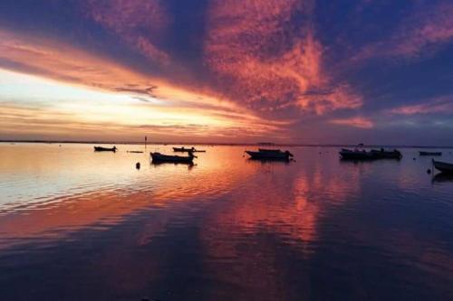 a group of boats on the water at sunset at VILLA LORET in Étang-Salé