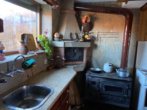 uma cozinha com um lavatório e um fogão em Ранчо Бандера em Tsŭrvenyano