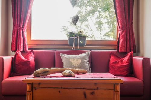 a dog sleeping on a couch with red pillows at Au Pension in Söll