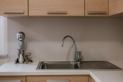 a stainless steel sink in a kitchen with wooden cabinets at HB Modern Apartments in Tolo