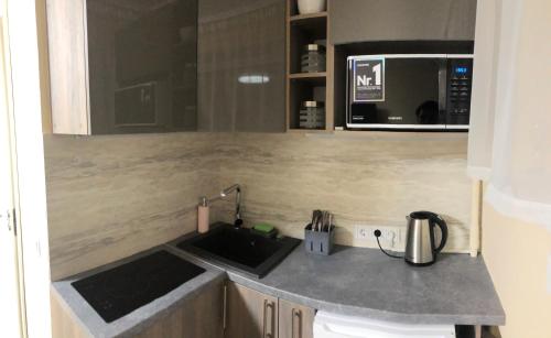 a kitchen with a sink and a microwave at Narva mnt 23’’ in Jõhvi