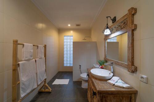 Un baño con lavabo, inodoro y espejo. en Rose Valley Villa, en Amed