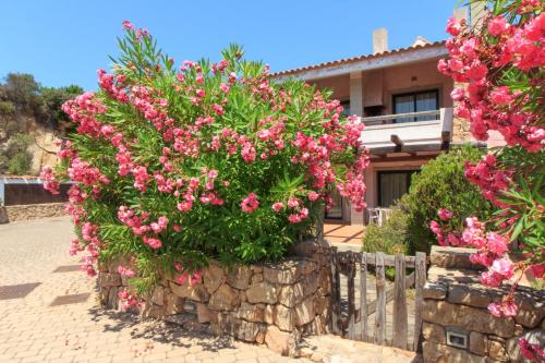 a stone wall with pink flowers in front of a house at Baia Del Faro in Palau