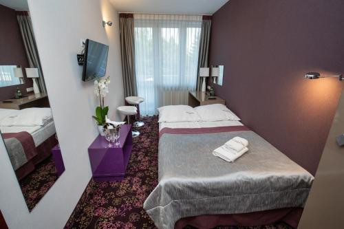 a hotel room with a bed and a tv at Hotel Ameliówka in Masłów