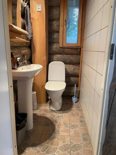 La salle de bains est pourvue de toilettes et d'un lavabo. dans l'établissement Kelotulkku Lodge, à Muurame