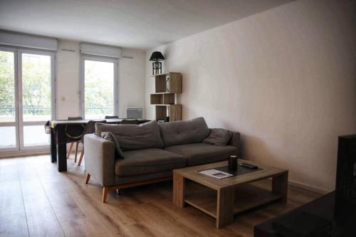 un salon avec un canapé et une table dans l'établissement Appartement 55m2 centre ville Orléans, à Orléans
