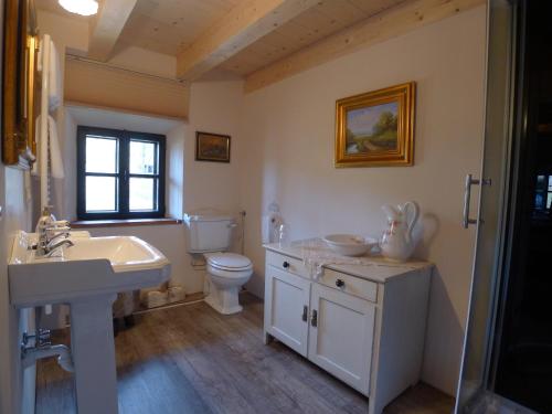 een badkamer met een wastafel, een toilet en een spiegel bij Heuholzmühle Privatzimmer in Elixhausen