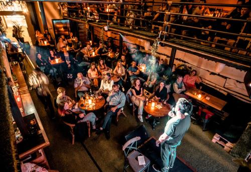 an overhead view of a crowd of people in a restaurant at Timeout Heritage Hotel Zagreb in Zagreb