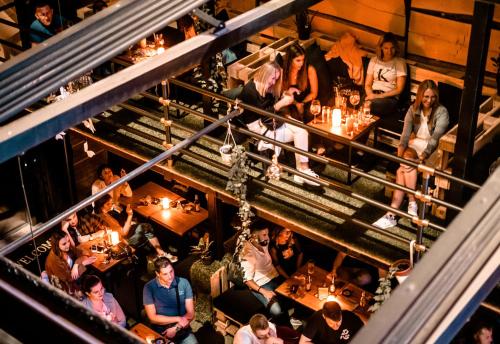 an overhead view of a crowd of people in a restaurant at Timeout Heritage Hotel Zagreb in Zagreb